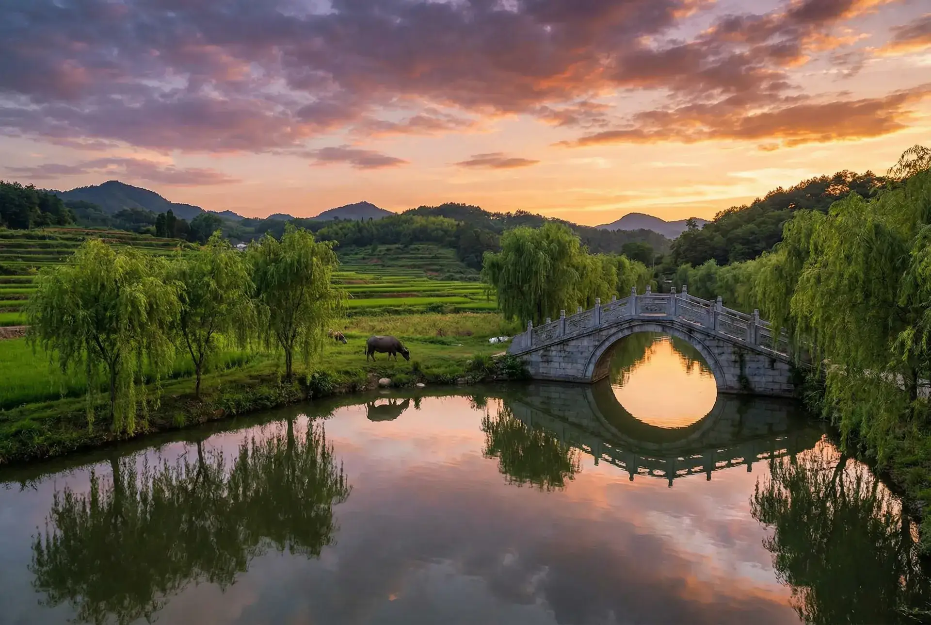 夕阳下的石拱桥与垂柳，水牛在河边吃草 - 我们的八十年代下载 乡村美景